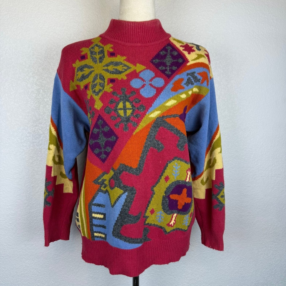 Vintage 80's IB Diffusion Geometric Vibrant‎ Print Mock Neck Womens Wool Sweater